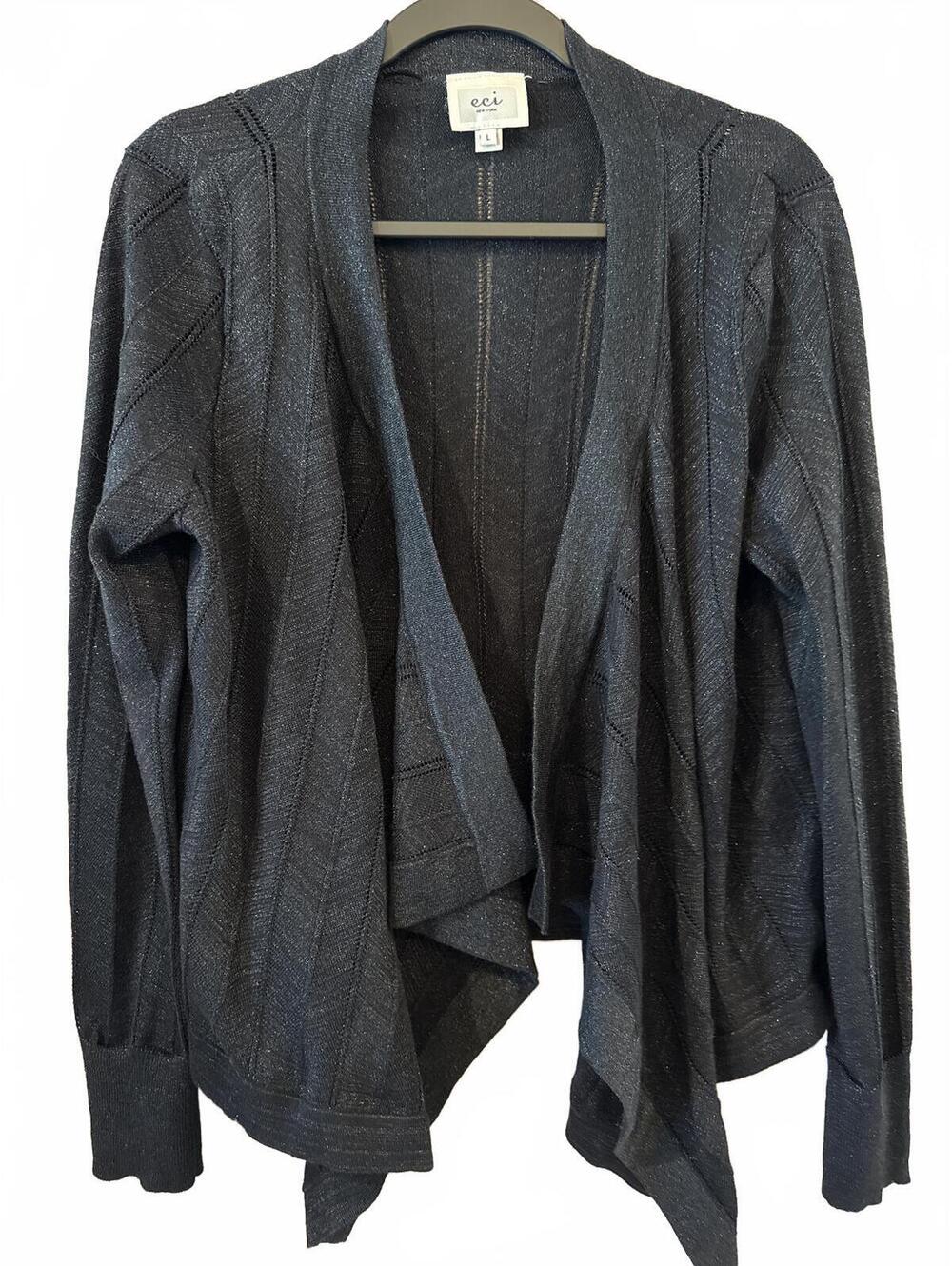 ECI New York Black Open Front Textured Cardigan Sweater Women's Size L
